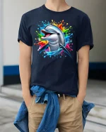 Dolphin Splash Graphic Tee - model wearing Navy T-shirt, hands in pockets, denim shirt at waist