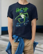 Hop to It Frog Skateboard Tee - model wearing Navy T-shirt, hands in pockets, denim shirt at waist