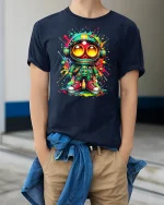 Neon Astronaut Graphic Tee - model wearing Navy T-shirt, hands in pockets, denim shirt at waist