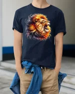 Roaring Lion Graphic Tee - model wearing Navy T-shirt, hands in pockets, denim shirt at waist