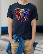 Majestic Color Splash Elephant Tee - model wearing Navy T-shirt, hands in pockets, denim shirt at waist