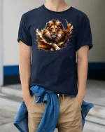 Regal Lion King Graphic Tee - model wearing Navy T-shirt, hands in pockets, denim shirt at waist