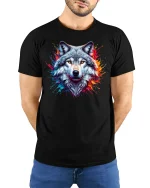 Alpha Wolf Graphic Tee - model with hands behind back, wearing Black T-shirt and blue jeans