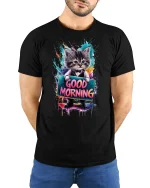 Good Morning Cat Cute Tee - model with hands behind back, wearing Black T-shirt and blue jeans