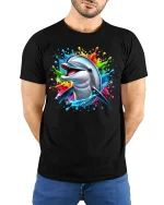 Dolphin Splash Graphic Tee - model with hands behind back, wearing Black T-shirt and blue jeans