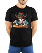 Tribal Buffalo Skull Feather Tee - model with hands behind back, wearing Black T-shirt and blue jeans