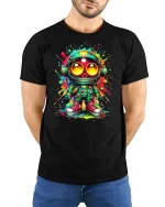 Neon Astronaut Graphic Tee - model with hands behind back, wearing Black T-shirt and blue jeans