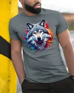 Alpha Wolf Graphic Tee - model leaning on yellow-black pole, wearing Gray T-shirt, hand in pocket