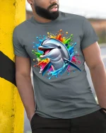 Dolphin Splash Graphic Tee - model leaning on yellow-black pole, wearing Gray T-shirt, hand in pocket