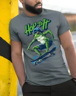 Hop to It Frog Skateboard Tee - model leaning on yellow-black pole, wearing Gray T-shirt, hand in pocket