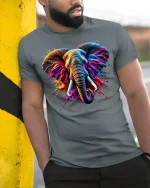 Majestic Color Splash Elephant Tee - model leaning on yellow-black pole, wearing Gray T-shirt, hand in pocket