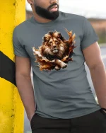 Regal Lion King Graphic Tee - model leaning on yellow-black pole, wearing Gray T-shirt, hand in pocket