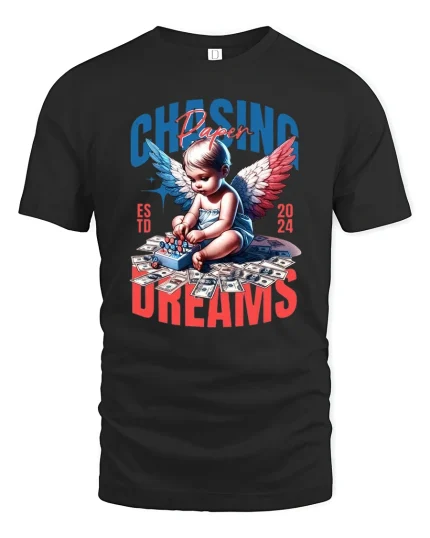 Chasing Paper Dreams Angel T-Shirt - black t-shirt on white background