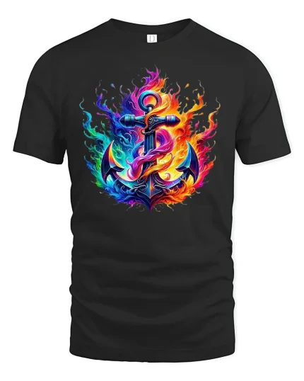 Fiery Anchor Nautical Flame Tee - black t-shirt on white background