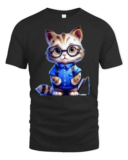 Smart Nerdy Cat Graphic Tee - black t-shirt on white background