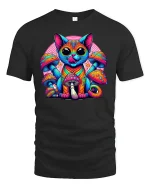 Psychedelic Cat T-Shirt with Colorful Art - black t-shirt on white background
