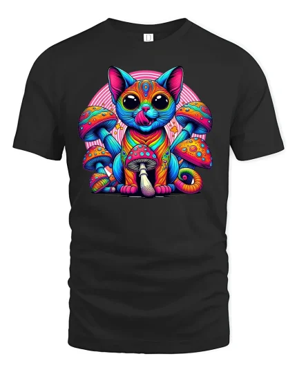 Psychedelic Cat T-Shirt with Colorful Art - black t-shirt on white background