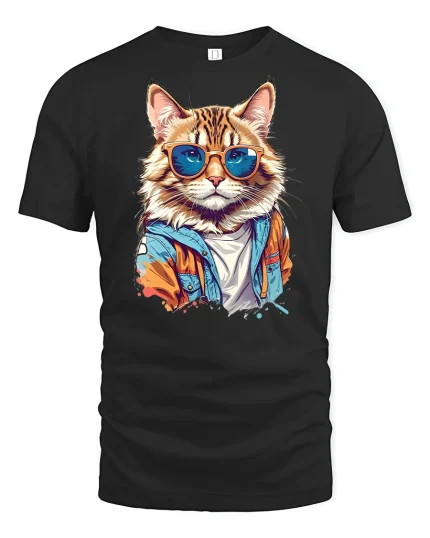 Stylish Cat Graphic T-Shirt - black t-shirt on white background