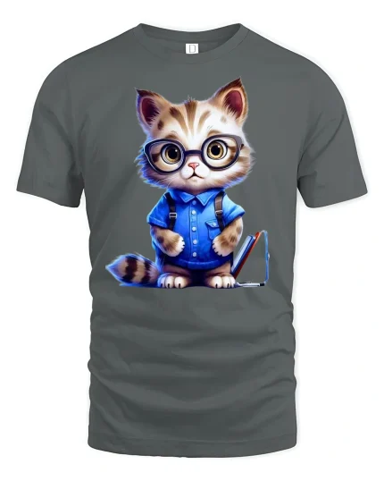 Smart Nerdy Cat Graphic Tee - gray t-shirt on white background