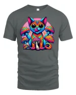 Psychedelic Cat T-Shirt with Colorful Art - gray t-shirt on white background