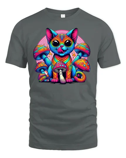 Psychedelic Cat T-Shirt with Colorful Art - gray t-shirt on white background