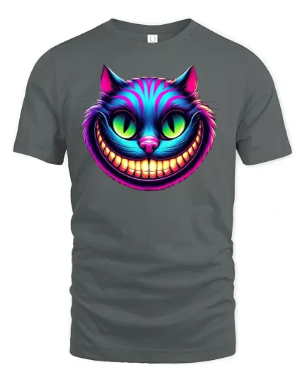 Trippy Grinning Cat T-Shirt - gray t-shirt on white background