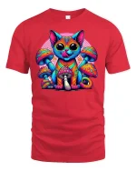 Psychedelic Cat T-Shirt with Colorful Art - red t-shirt on white background