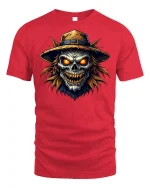 Evil Scarecrow Skull T-Shirt - red t-shirt on white background