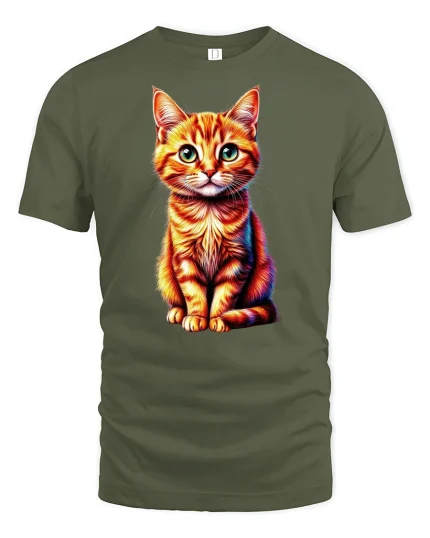 Colorful Kitty Cat Graphic T-Shirt - military green t-shirt on white background
