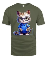 Smart Nerdy Cat Graphic Tee - military green t-shirt on white background