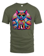 Psychedelic Cat T-Shirt with Colorful Art - military green t-shirt on white background