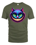Trippy Grinning Cat T-Shirt - military green t-shirt on white background
