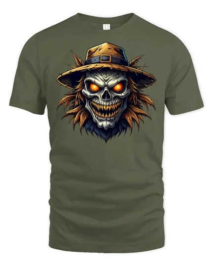 Evil Scarecrow Skull T-Shirt - military green t-shirt on white background