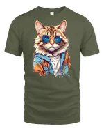 Stylish Cat Graphic T-Shirt - military green t-shirt on white background