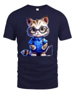 Smart Nerdy Cat Graphic Tee - navy t-shirt on white background