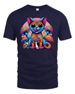 Psychedelic Cat T-Shirt with Colorful Art - navy t-shirt on white background
