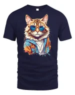 Stylish Cat Graphic T-Shirt - navy t-shirt on white background