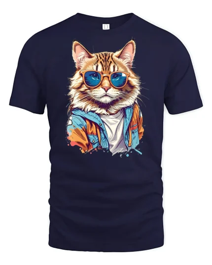 Stylish Cat Graphic T-Shirt - navy t-shirt on white background