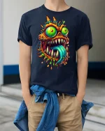 Crazy Monster Face Graphic Tee - model wearing Navy T-shirt, hands in pockets, denim shirt at waist