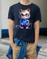 Smart Nerdy Cat Graphic Tee - model wearing Navy T-shirt, hands in pockets, denim shirt at waist