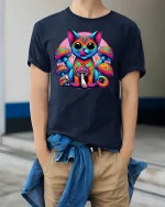Psychedelic Cat T-Shirt with Colorful Art - model wearing Navy T-shirt, hands in pockets, denim shirt at waist