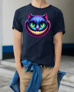 Trippy Grinning Cat T-Shirt - model wearing Navy T-shirt, hands in pockets, denim shirt at waist