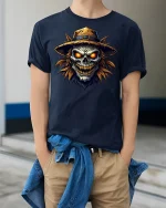 Evil Scarecrow Skull T-Shirt - model wearing Navy T-shirt, hands in pockets, denim shirt at waist