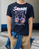 Savage Hustle Money Bear Graphic Tee - model wearing Navy T-shirt, hands in pockets, denim shirt at waist