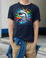 Happy Dolphin Splash T-Shirt - model wearing Navy T-shirt, hands in pockets, denim shirt at waist