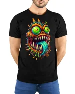 Crazy Monster Face Graphic Tee - model with hands behind back, wearing Black T-shirt and blue jeans