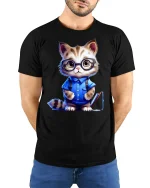 Smart Nerdy Cat Graphic Tee - model with hands behind back, wearing Black T-shirt and blue jeans