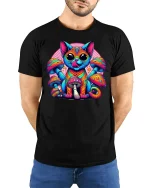 Psychedelic Cat T-Shirt with Colorful Art - model with hands behind back, wearing Black T-shirt and blue jeans
