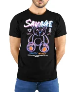 Savage Hustle Money Bear Graphic Tee - model with hands behind back, wearing Black T-shirt and blue jeans
