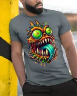 Crazy Monster Face Graphic Tee - model leaning on yellow-black pole, wearing Gray T-shirt, hand in pocket